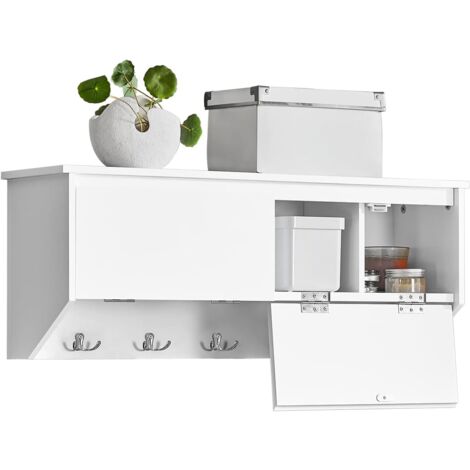 SoBuy FHK24-W Wandgarderobe Flurgarderobe Kleiderhaken Hängeregal mit 2 Klappen und 5 Haken Wandregal Garderobe weiß BHT ca.: 78x30x20cm