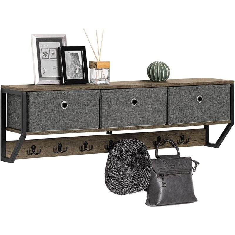 Sobuy - FHK26-N Portemanteau Mural Meuble d'Entrée Vestiaire Portant à Vêtements Étagère Murale avec 3 Paniers et 7 Crochets Doubles, Style Industriel