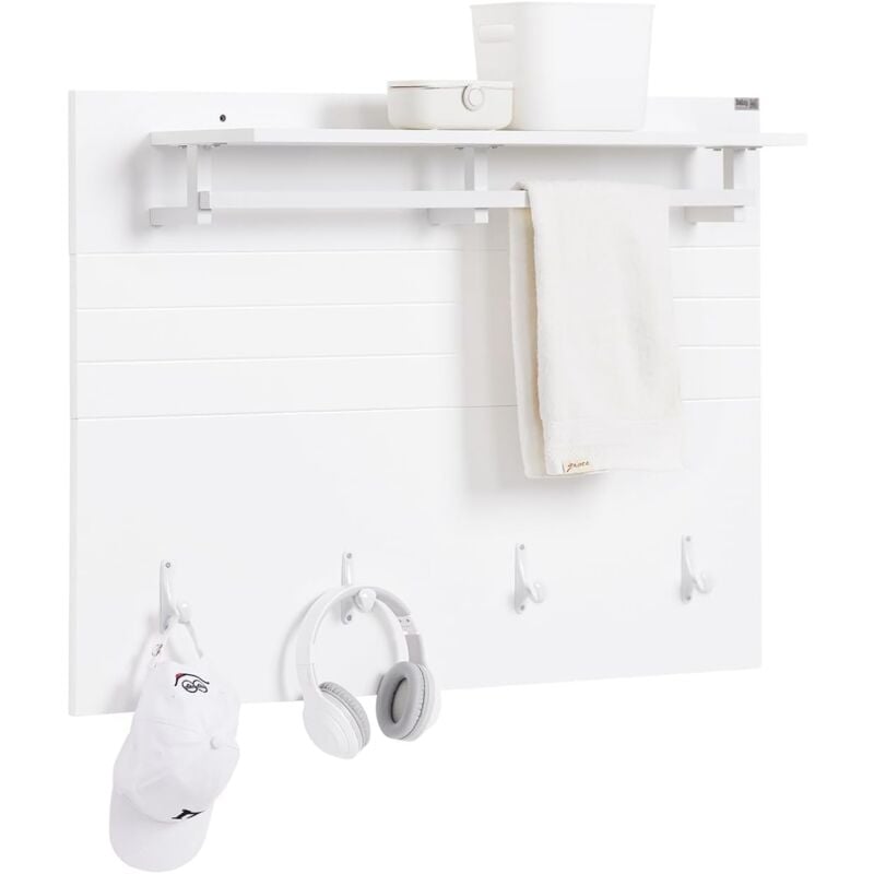 Sobuy - FHK36-W Porte-manteau Mural, Étagère Murale, Porte-manteau d'Entrée, Patères avec Étagère Suspendue, Étagère Rangement avec 4 crochets et 1