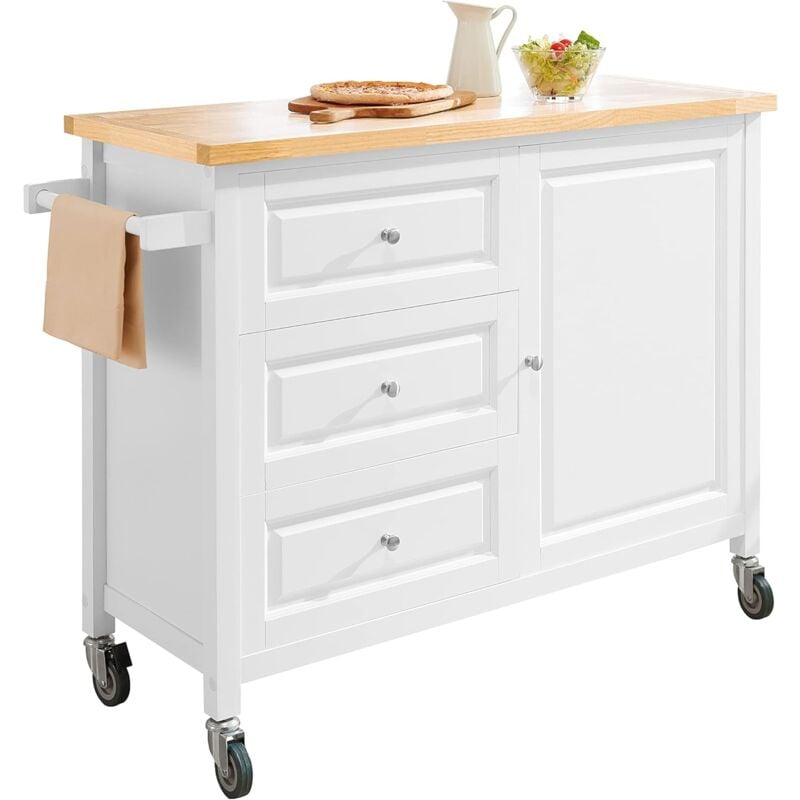 FKW106-WN Desserte Roulante Chariot de Cuisine Meuble de Rangement à roulettes Chariot de Service Buffet Multifonctionnelavec 1 Porte et 3 Tiroirs