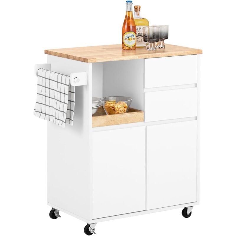 Sobuy - FKW123-WN Desserte de Cuisine à roulettes Chariot de Cuisine îlot de Cuisine Buffet Armoire de Rangement, 1 Plateau Amovible, 2 Tiroirs et 2