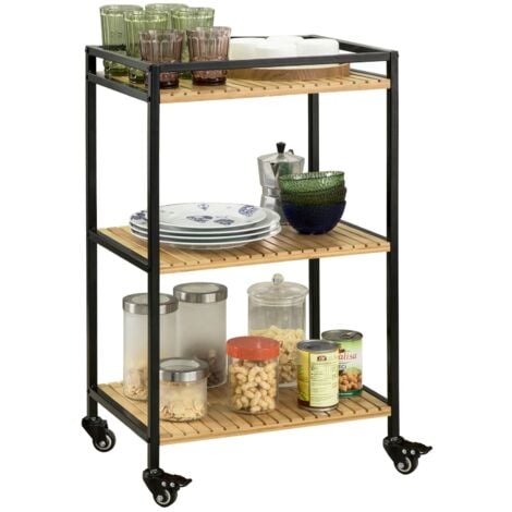 SoBuy FKW65-N Servierwagen Küchenwagen Küchenregal mit 3 Ablagen Rollwagen aus Metall und Bambus BHT ca.: 47x78x33cm