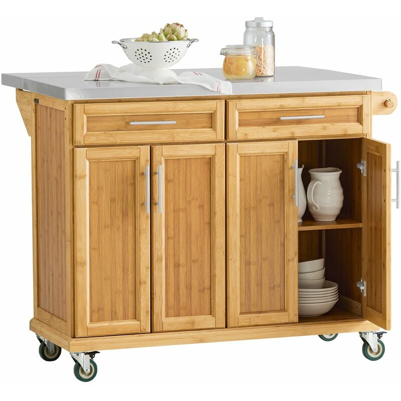 Sobuy - Carrito de Cocina con Piso de Acero,con Tablero Extensible, Carrito de Servir de bambú,L115 x P46 x H92cm FKW69-N es