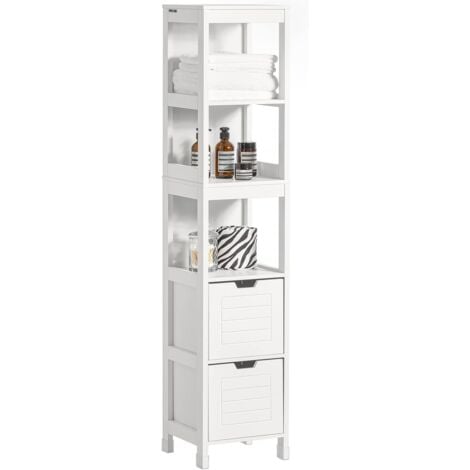 SoBuy FRG126-W Meuble Colonne de Salle de Bain Armoire Toilette haute – 4 étagères et 2 tiroirs- Blanc