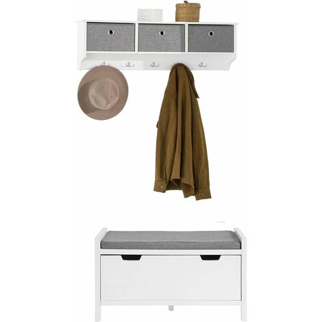 SoBuy FRG282-W + FSR97-W Meuble d'Entrée Ensemble Portemanteau Mural 3 Tiroirs + Banc de Rangement avec Coussin Rembourré et 1 Abattant