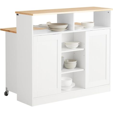 Îlot De Cuisine SoBuy Avec Plan De Travail En Bois D'hévéa - 170x60x89cm - 2 Portes, 4 Compartiments - Blanc
