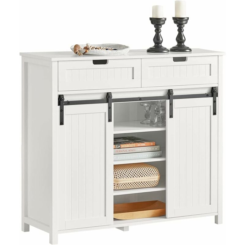 FSB74-W Buffet Bahut, Commode Armoire de Rangement pour Cuisine, Salle à Manger, Salon, Meuble de Rangement avec 2 Portes de Grange Coulissantes et 2