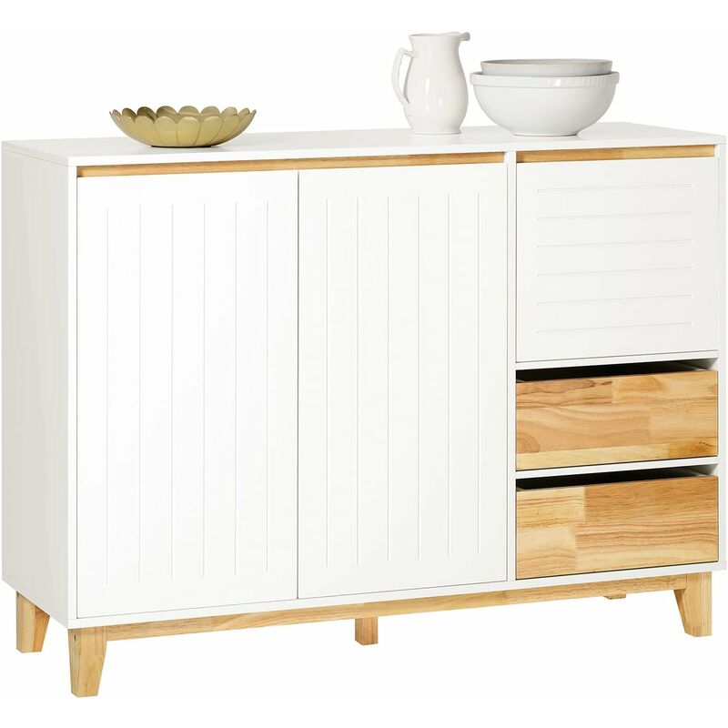 Sobuy - FSB75-WN Buffet, Placard, Armoire Multi-Rangement, Meuble de Rangement sur Pieds avec 3 Portes et 2 Tiroirs pour Cuisine, Salle à Manger,