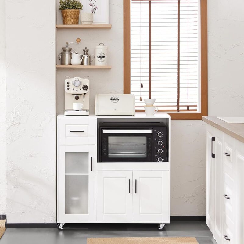 FSB78-W Meuble Micro-Ondes Buffet Commode sur roulettes Armoire de Cuisine Multi-Rangement avec 3 Portes, 1 Tiroir, 1 Compartiment, pour Cuisine,
