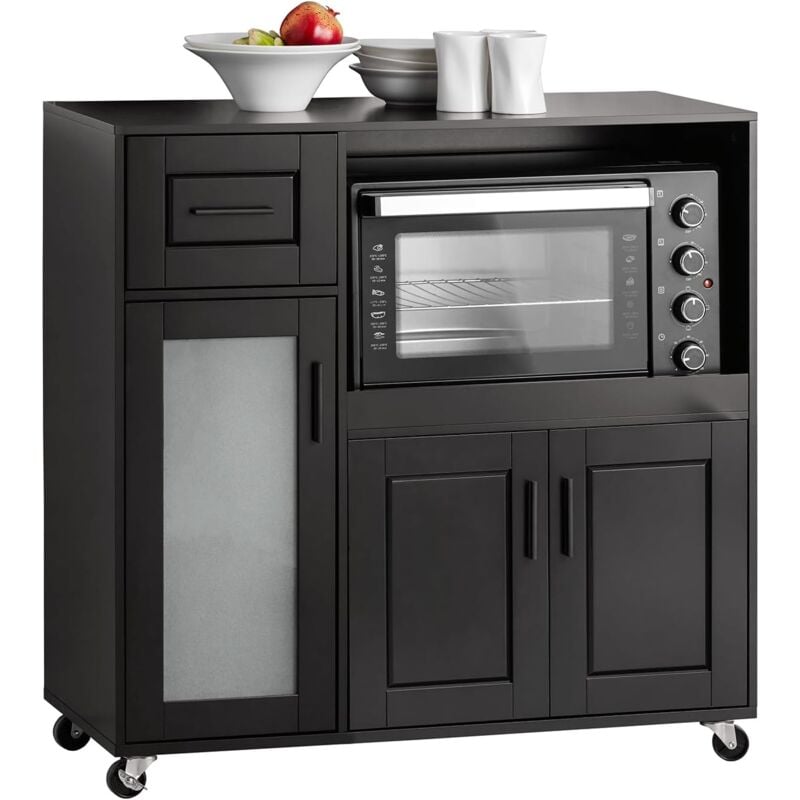 FSB78-SCH Meuble Micro-Ondes Buffet Commode sur roulettes Armoire de Cuisine Multi-Rangement avec 3 Portes, 1 Tiroir, 1 Compartiment, pour Cuisine,