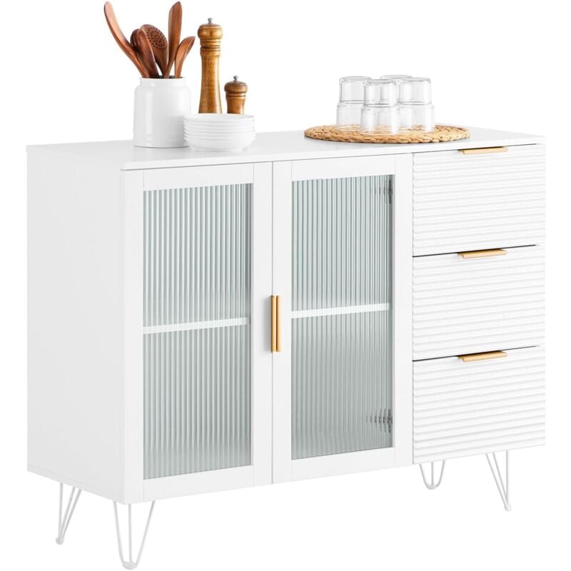 FSB86-W Buffet Bas, Commode Armoire de Rangement, Buffet Bahut pour Cuisine Salle à Manger Salon Entrée avec Placard, 3 Tiroirs et 2 Portes Vitrées,