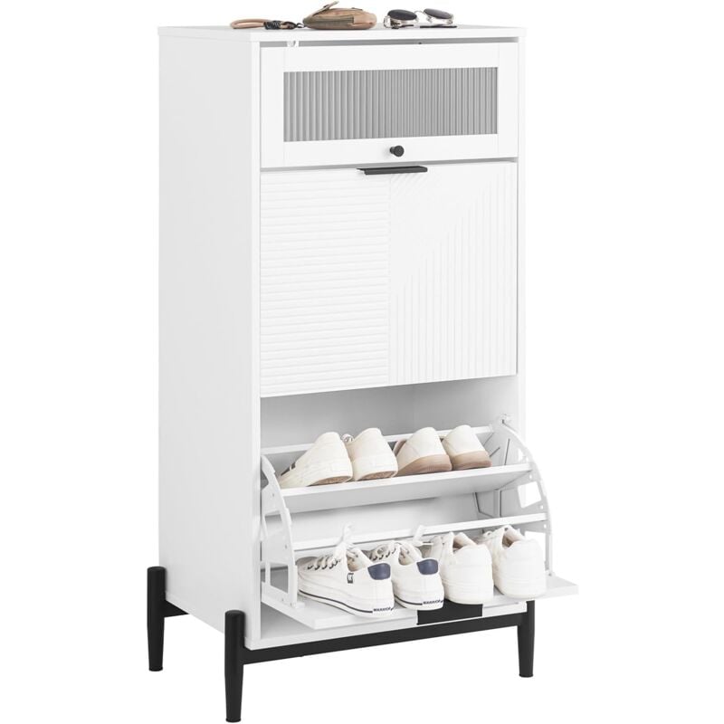 FSB95-W Meuble à Chaussures, Meuble d'entrée, Meuble de Rangement à Chaussures avec 2 Abattants et 1 Porte en Verre, pour Petite Entrée, Couloir et