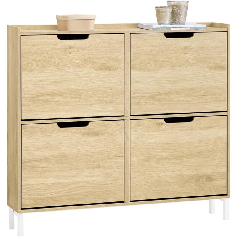 FSR100-N Meuble Chaussure, Rangement Chaussure, Meuble d'Entrée, Armoire à Chaussures, Meuble de Rangement, Commode à 4 Abattants, Coffre Rangement,
