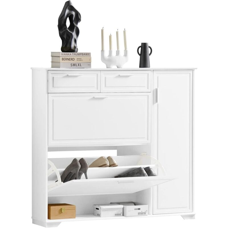 SoBuy FSR104-W Armoire à Chaussures, Meuble d'entrée, Meuble de Rangement à Chaussures, Commode à Chaussures avec 2 abattants, 2 tiroirs, 1 porte et