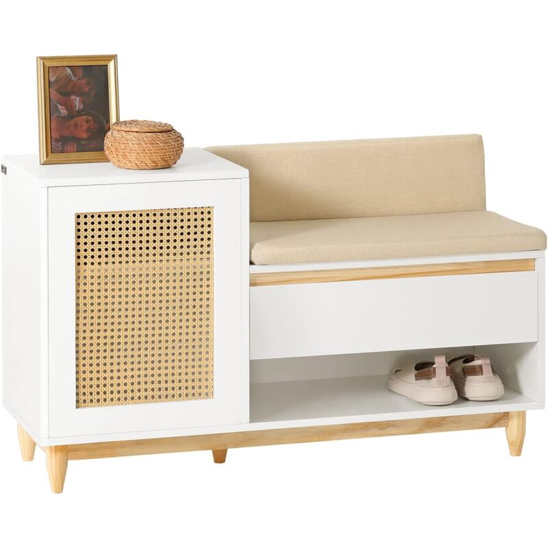 FSR128-W Banc de Rangement à Chaussure Meuble d'entrée Porte à Treillis avec Espace de Rangement Armoire à Chaussures avec Coussin et Tiroir sur
