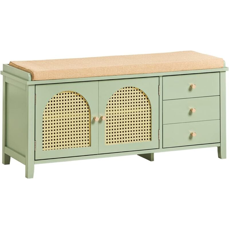 SoBuy FSR129-GR Banc de Rangement, Meuble Banc à Chaussures avec 3 Tiroirs, 1 Coussin Rembourré et 2 Portes Aspect Grille pour Entrée, Salon, Chambre