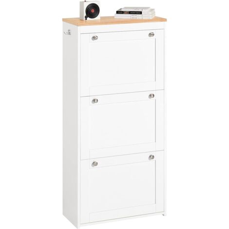 SoBuy FSR144-WN Schuhkipper Schuhschrank mit 3 Klappen Schuhablage Schuhregal Schuhkommode mit 2 Haken Weiß-Natur BHT ca.: 59x116x26cm