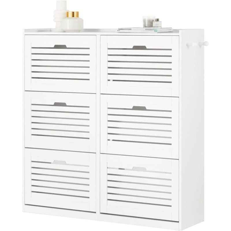 SoBuy FSR145-W Meuble à Chaussures à 6 Abattants, Meuble de Rangement à Chaussures, Armoire à Chaussures Coffre de Rangement avec 2 Crochets, Grande