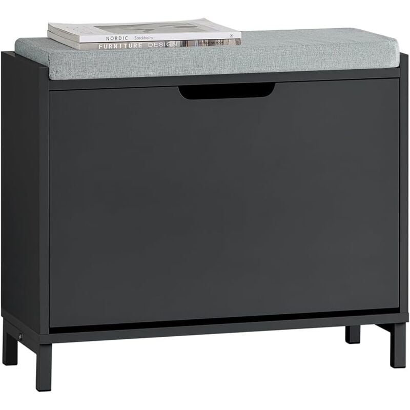 FSR151-K-SCH Banc Chaussures, Rangement pour Chaussures, Armoire à Chaussures, Meuble d'entrée, Coffre avec 1 Abattants et 1 Coussin, Noir,