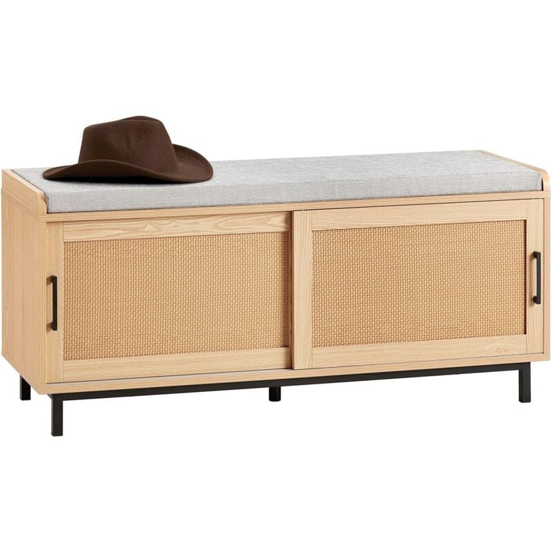 FSR154-N Banc de Rangement, Banc à Chaussures, Meuble de Rangement Pour Entrée avec Coussin Rembourré, 2 Portes Coulissante et Façades Rotin Tissé,