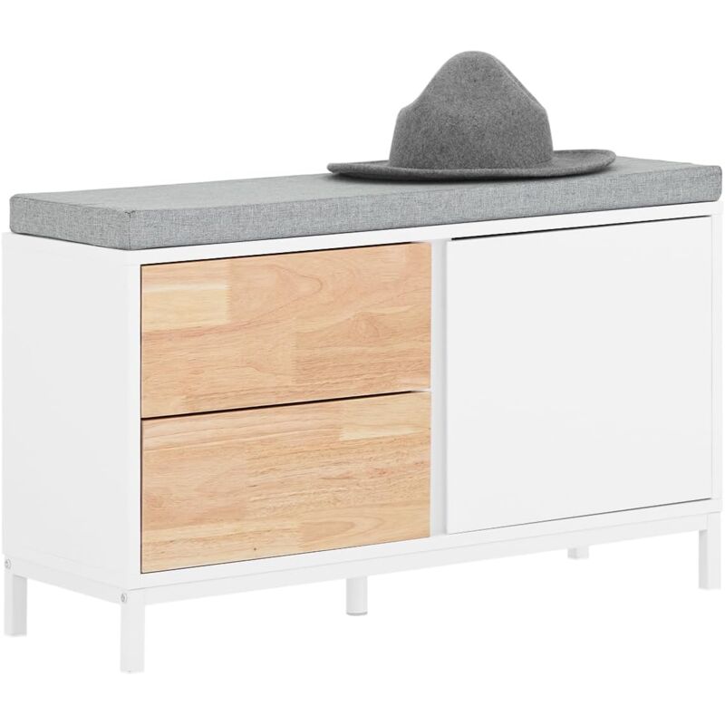 FSR167-WN Banc à Chaussures, Banc de Rangement avec coussin rembourré, Meuble Bas Entrée sur Pieds avec 1 Porte et 2 Tiroirs, 80 x 30 x 51 cm - Sobuy