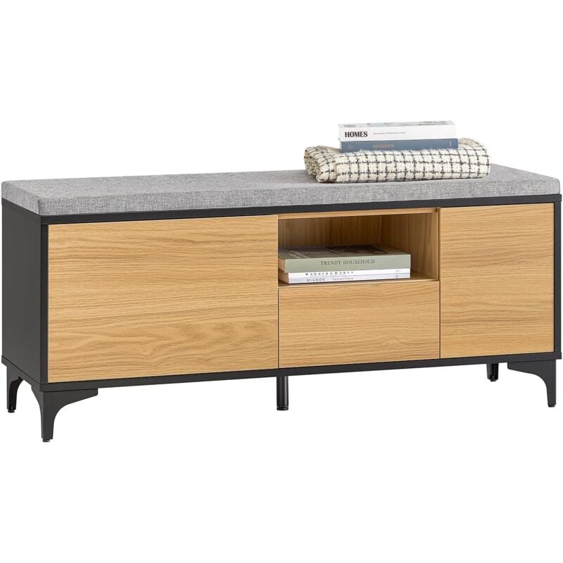 FSR175-N Banc de Rangement, Banc à Chaussures, Meuble à Chaussures, Meuble Bas Entrée avec 1 Coussin Rembourré, 1 Tiroir et 2 Portes pour Entrée,