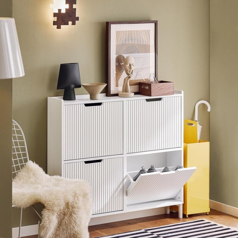 FSR177-L-W Meuble à Chaussures Armoire à Chaussures Meuble Rangement Chaussures 4 Portes abattantes, Meuble d'Entrée Coffre Rangement pour