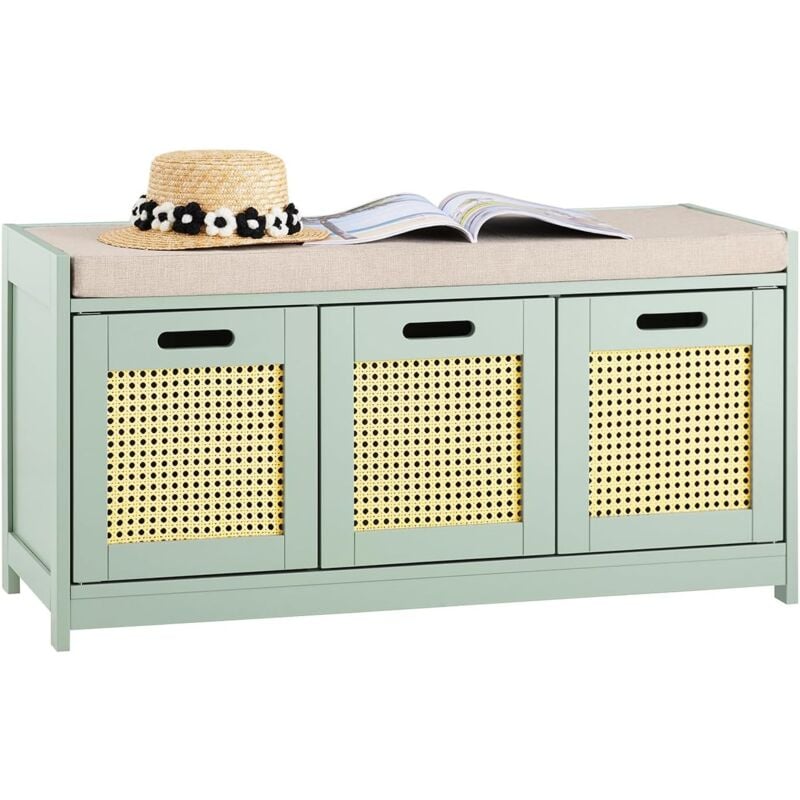 FSR182-GR Banc de Rangement, Meuble d'Entrée, Commode à Chaussure, Banquette avec Coussin Rembourré 2 Portes et 1 Cube, Meuble de Rangement pour