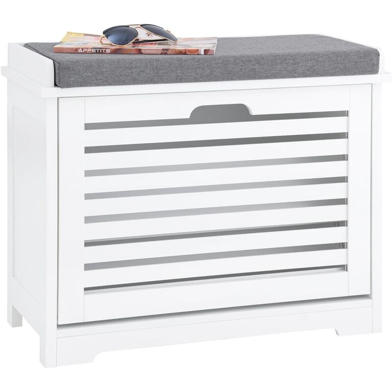 FSR184-K-W Banc Chaussures, Rangement pour Chaussures, Armoire à Chaussures, Meuble d'entrée, Coffre avec 1 Abattant et 1 Coussin, pour Entrée,