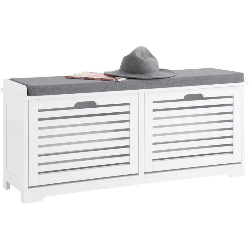 FSR184-W Banc Chaussures, Rangement pour Chaussures, Armoire à Chaussures, Meuble d'entrée, Coffre avec 2 Abattants et 1 Coussin, pour Entrée,