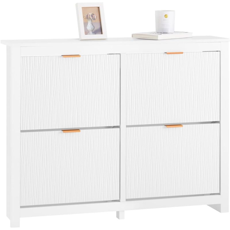 FSR186-W Meuble Chaussure, Rangement Chaussure, Meuble d'Entrée, Armoire à Chaussures, Meuble de Rangement, Commode à 4 Abattants, Coffre Rangement,