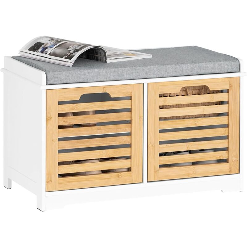 FSR23-II-WN Banc à Chaussures, Banc de Rangement à Chaussures, Meuble à Chaussures, Meuble Bas Entrée avec coussin rembourré, 2 Portes et 4