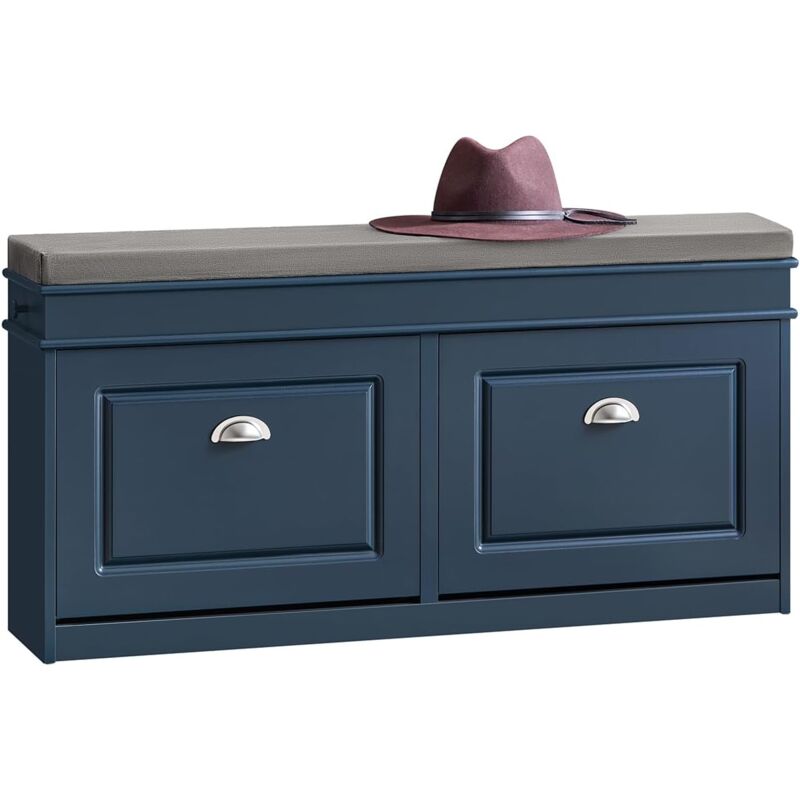 FSR64-B Banc Chaussures, Rangement pour Chaussures, Armoire à Chaussures, Meuble d'entrée, Coffre avec 2 Abattants, 1 Coussin, 1 Tiroir et 1Crochet,