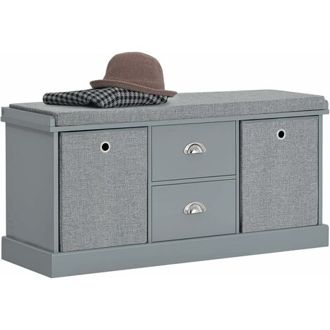 SoBuy FSR66-DG Banc de Rangement avec Coussin Rembourré, 2 Tiroirs et 2 Paniers Meuble Bas Entrée Commode à Chaussure Banquette Confortable