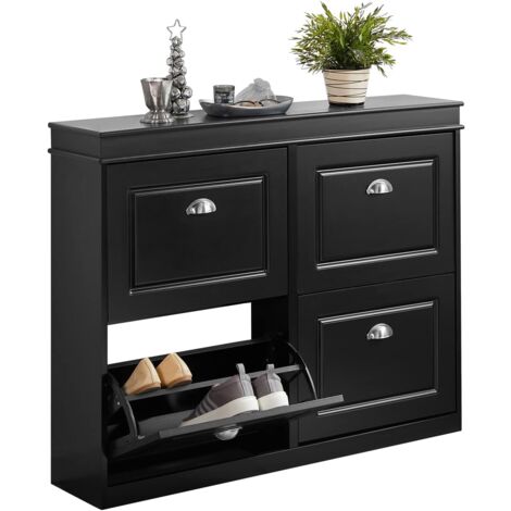 SoBuy FSR79-SCH Schuhschrank mit 4 Klappen Schuhregal Schuhkipper mit 8 Ablageflächen Schuhkommode Schuhablage Schwarz BHT ca.: 105x82x24cm