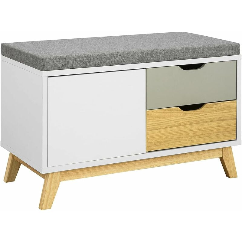 FSR92-W Banc de Rangement Meuble d'entrée Banquette Confortable avec Coussin Rembourré, 2 Tiroirs et 1 Porte - Sobuy