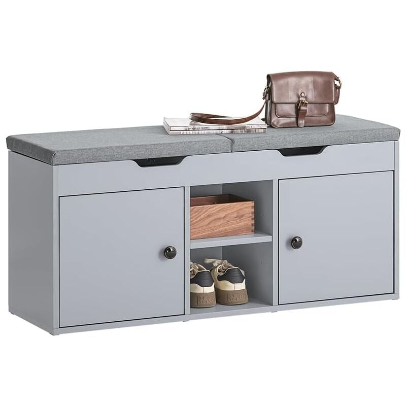 FSR96-DG Banc à Chaussures Meuble Entrée Commode avec Coussin Rembourré 2 Places, 2 Etagères et 2 Portes – 100 x 34 x 47 cm - Sobuy