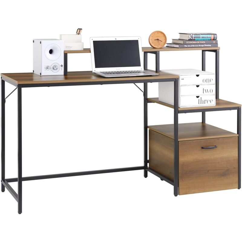 Sobuy - FWT103-PF Table de Bureau avec 3 Étagères, Bureau à Domicile, Bureau Informatique, Table à Travaille, Bureau Ordinateur, Bureau avec