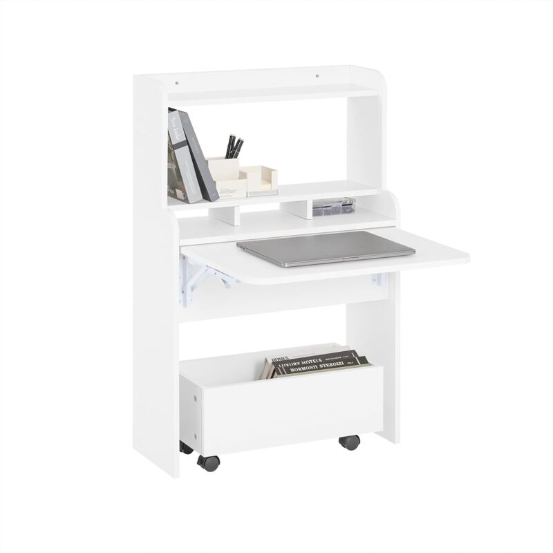 FWT105-W Bureau Pliable, Table d'Ordinateur Rabattable, Bureau Multifonctionnel avec Etagères de Rangement et 1 Boîte de Rangement à Roulette,
