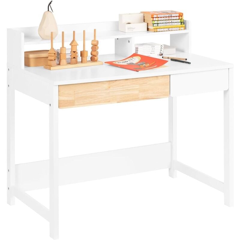 Sobuy - FWT106-W Bureau Informatique, Bureau d'Ordinateur,Table d'Étude à Domicile, Table de Bureau, Table à Travaille avec 1 Étagère et 2 Tiroirs,