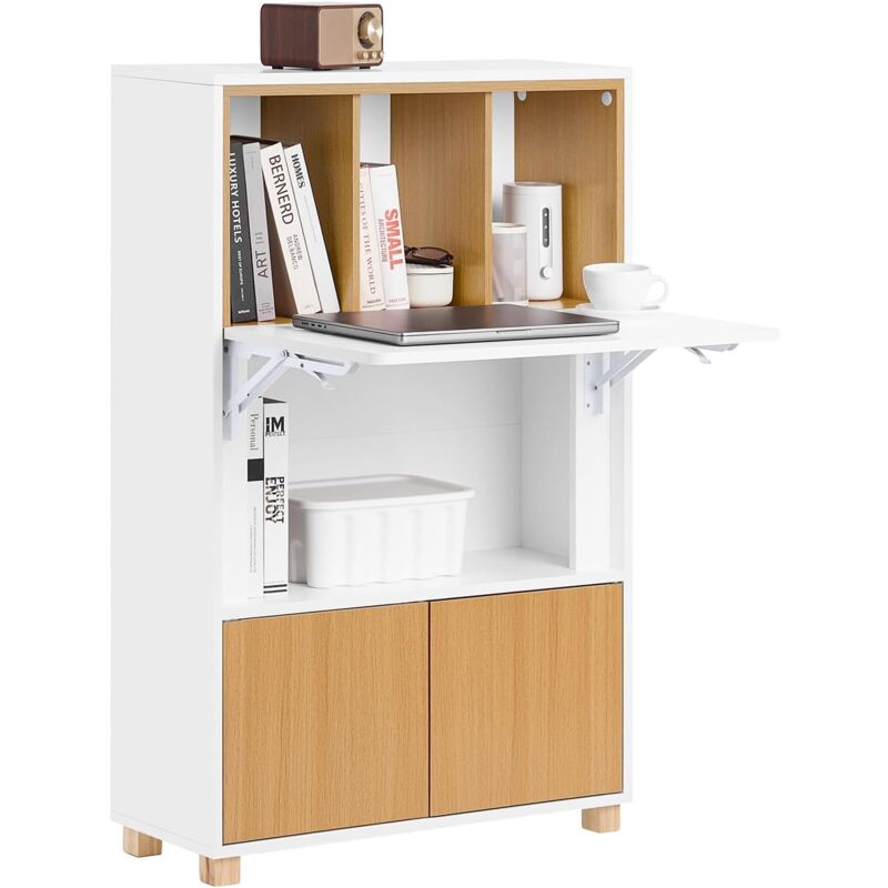 SoBuy FWT107-WN Bureau Pliant, Table d'Ordinateur Rabattable, Table de Bureau, Petite Bureau avec Etagères de Rangement, Table de Travail, Table