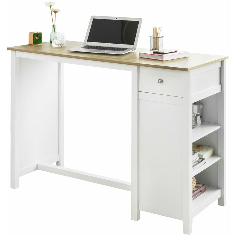 

SoBuy FWT64-WN Mesa Barra Bar Mesa Alta de Comedor con 1 Cajón y 3 Estantes Blanco Altura 90cm ES