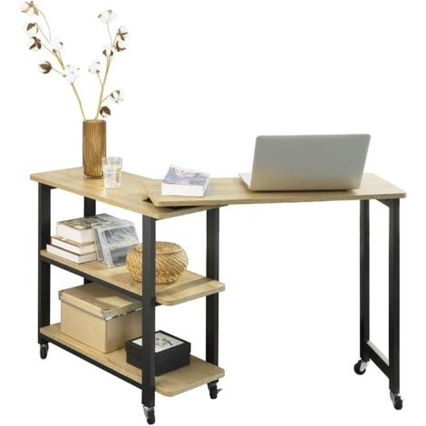 SoBuy FWT83-PF L-förmiger Beistelltisch mit 2 Ablagen Sofatisch mit Rollen Couchtisch Eckschreibtisch Computertisch Arbeitstisch Industrie-Design BHT ca.: 133x69x30cm