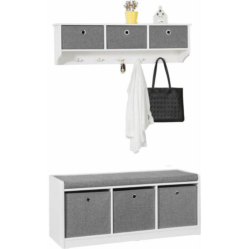 Hallway Furniture Set, 3 Baskets Storage Bench and Wall Storage Cabinet,FSR65-DG-FRG282-W - Sobuy