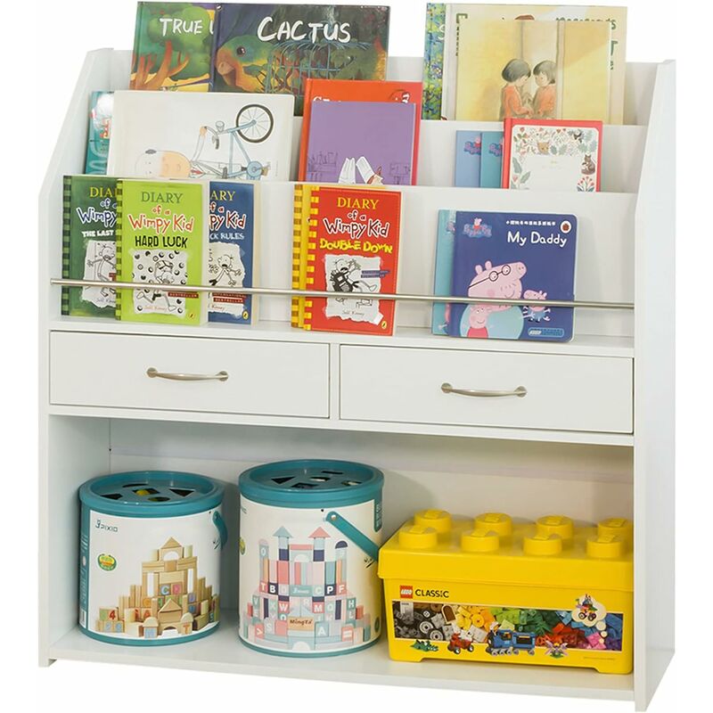 Kids 2 Drawers and 3 tiers Bookcase Bookshelf Children Storage Display Rack Organizer Holder Toy Storage Cabinet, KMB39-W - Sobuy