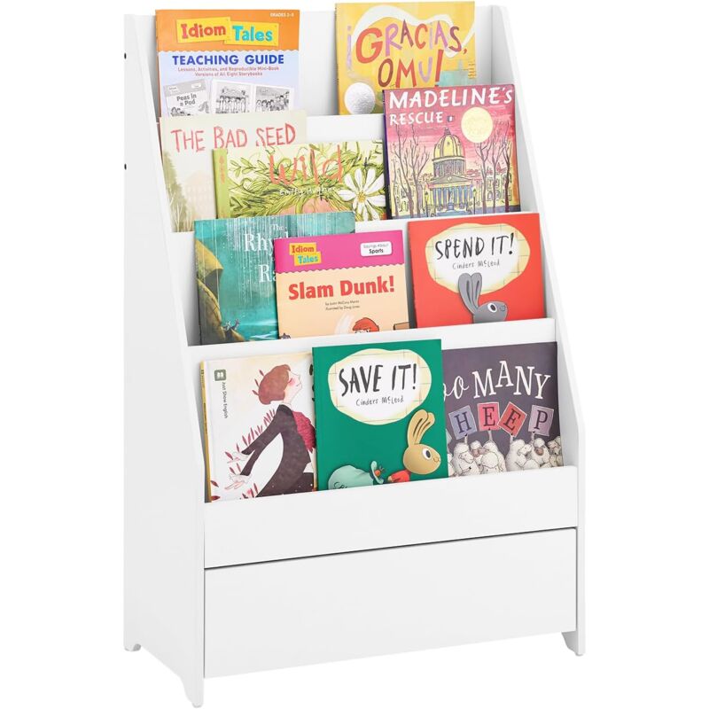 KMB112-W Étagère à Livres pour Enfant, Bibliothèque Enfant, Étagère de Rangement pour Chambre d'enfant, Meuble Rangement pour Jouets et Livres, 4