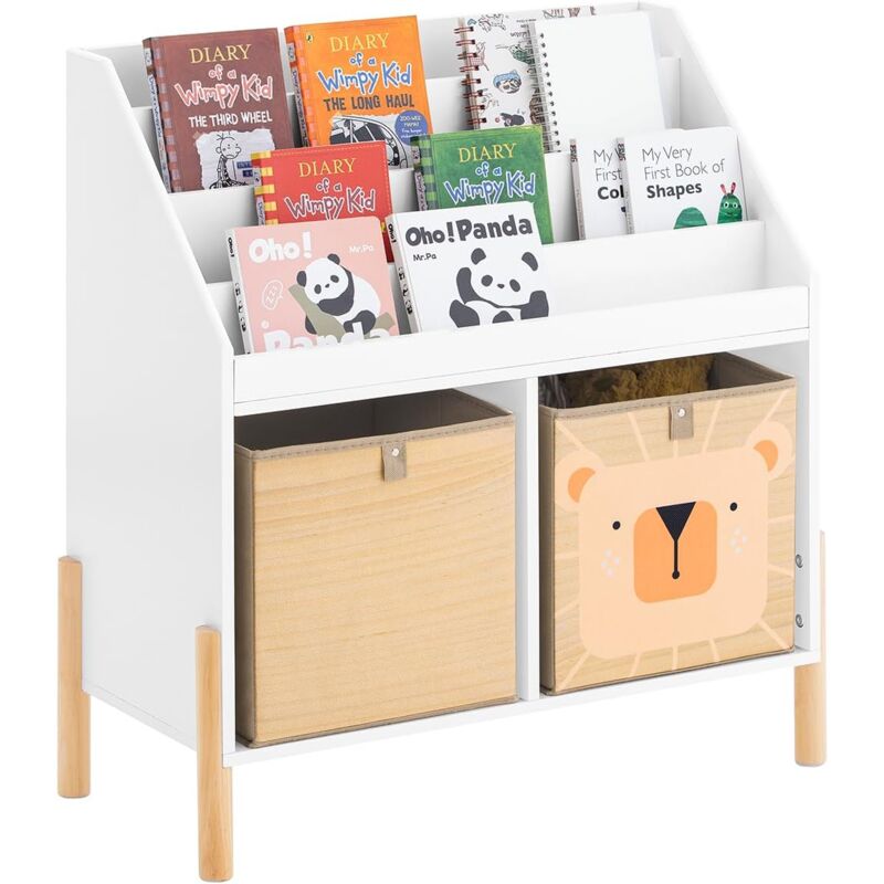 KMB115-W Bibliothèque Enfant, Étagère à Livres sur Pieds, Étagère de Rangement Jouets pour Enfants, Porte-revues avec 4 Étagères et 2 Boîtes de
