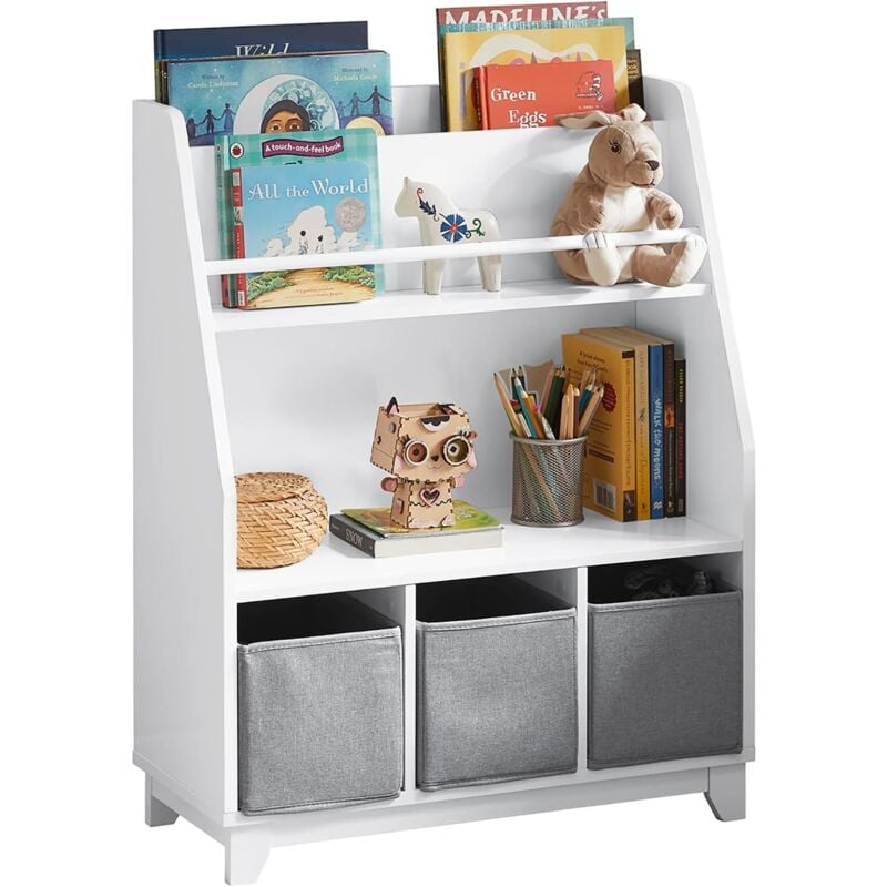 Sobuy - KMB34-W Bibliothèque Étagère à Livres Étagère de Rangement Jouets pour Enfants Porte-revues avec Compartiments de rangement et 3 Paniers