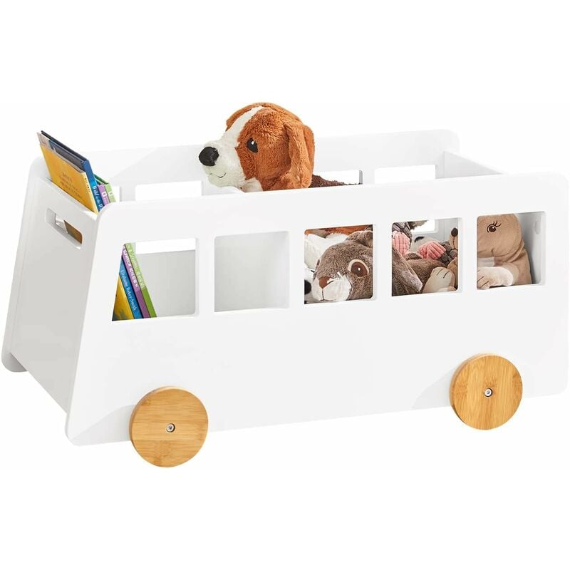 KMB41-W Chariot Bibliothèque pour Enfants, Coffre à roulettes, Organisateur pour Jouets et Livres à 2 Compartiments avec Roues pour Chambre d'enfant,