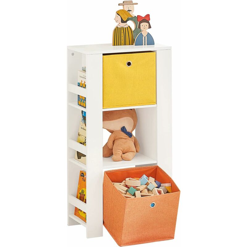 kmb48-w bibliothèque enfants, armoire de rangement pour livres et jouets pour enfant, étagère de rangement avec 2 paniers et 2 étagères latérales,
